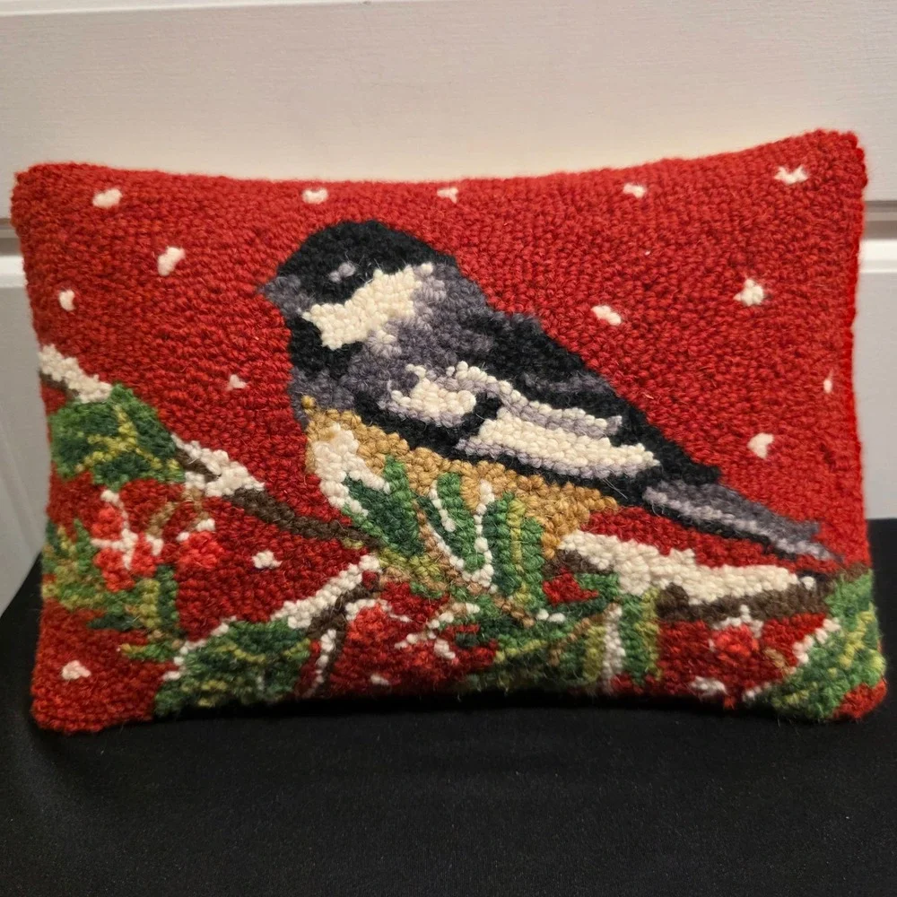Vintage Hand Hooked Wool Chickadee Bird Accent Pillow, Red, Christmas Decor